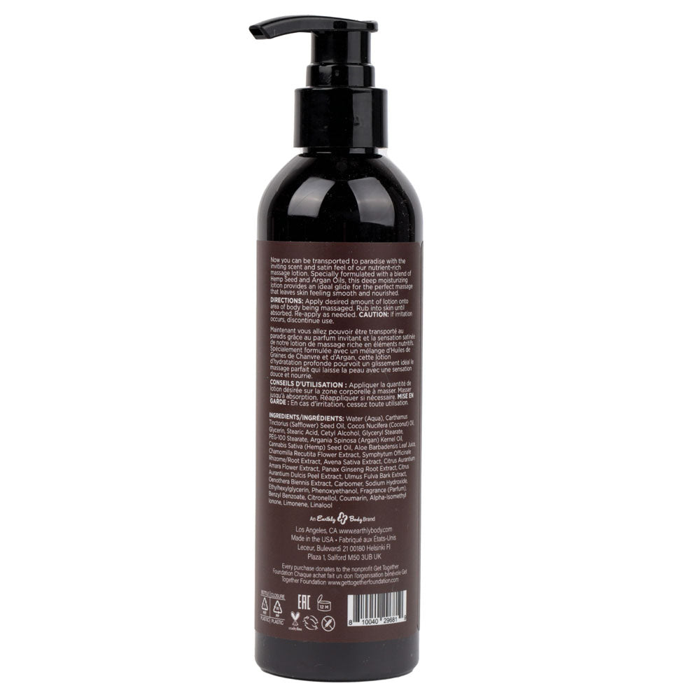 Hemp Seed Massage Lotion - Kashmir Musk (Brandy, Jasmine, Cedarwood Musk) Scented - 237 ml Bottle ingredients and instructions.