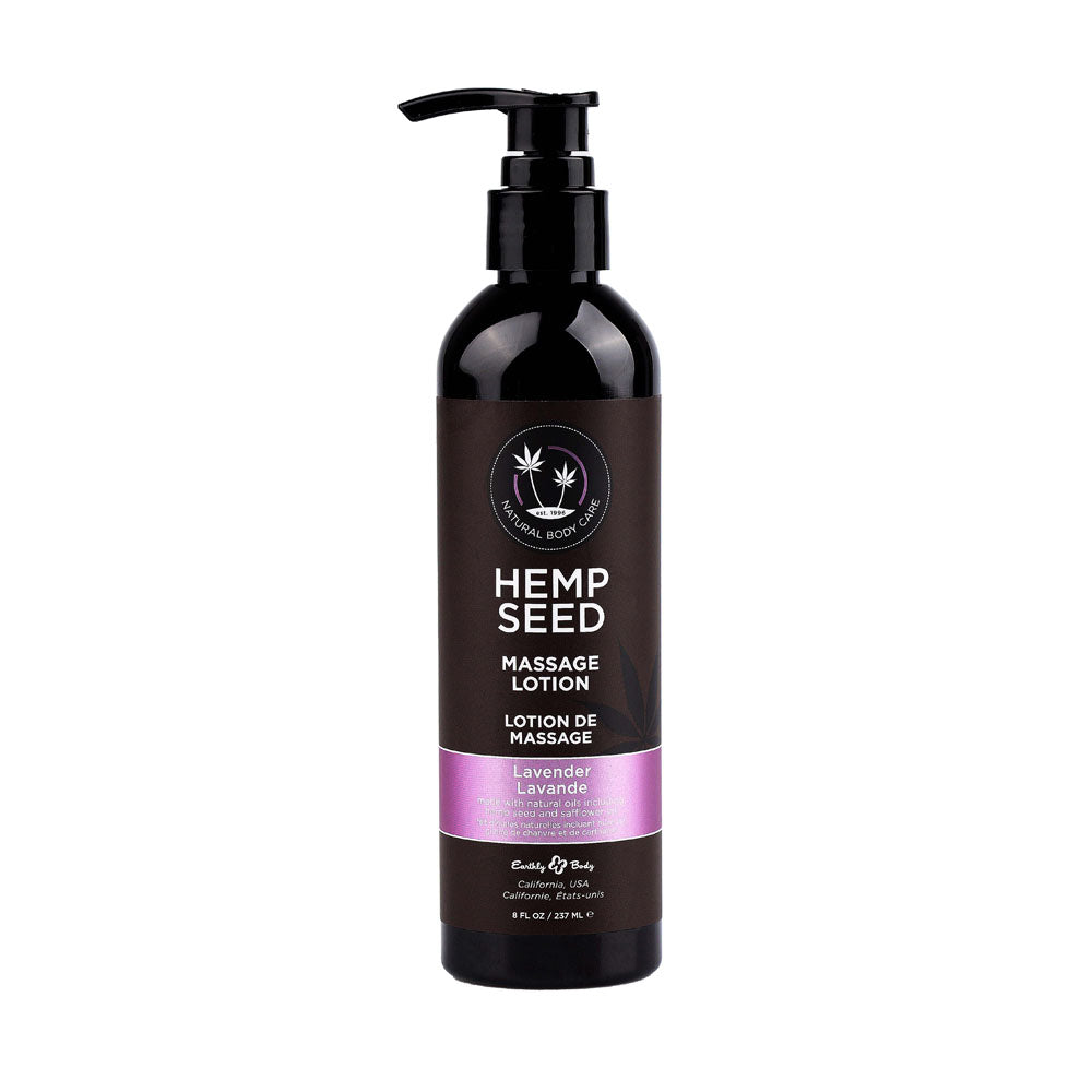 Hemp Seed Massage Lotion - Lavender Scented - 237 ml bottle for deep moisturizing and smooth skin.