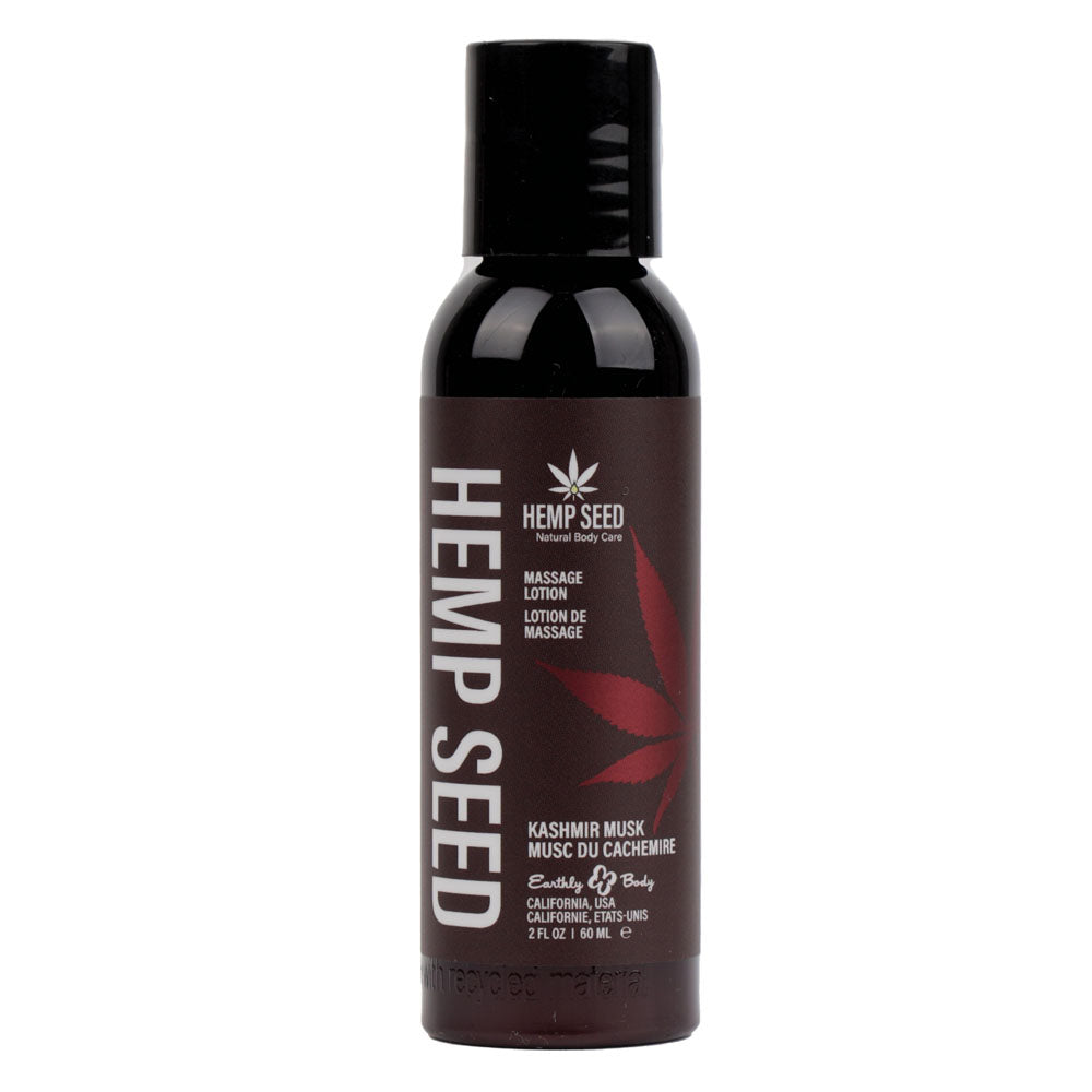 Hemp Seed Massage Lotion - Kashmir Musk (Brandy, Jasmine, Cedarwood Musk) Scented - 59 ml Bottle in a sleek black container.
