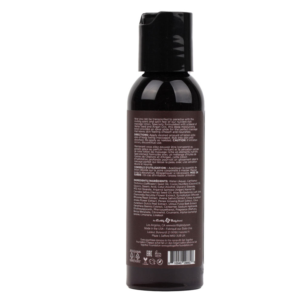 Hemp Seed Massage Lotion - Kashmir Musk (Brandy, Jasmine, Cedarwood Musk) Scented - 59 ml Bottle back label features ingredients and instructions.