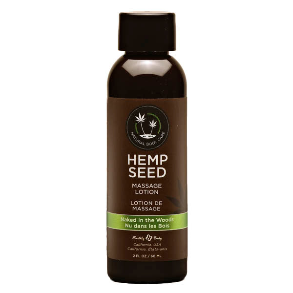 Hemp Seed Massage Lotion - Naked In The Woods ( Tea & Ginger) Scented - 59 ml Bottle in a brown container.