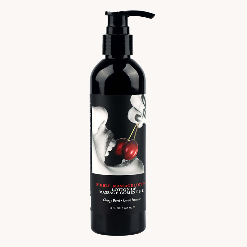 Edible Massage Lotion - Cherry - Cherry Flavoured Massage Lotion - 237 ml in a sleek bottle with a pump dispenser.