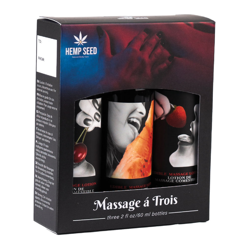 Hemp Seed Edible Massage A Trois - Edible Massage Lotion Kit - 3 Bottle Set packaging with three flavorful lotions.