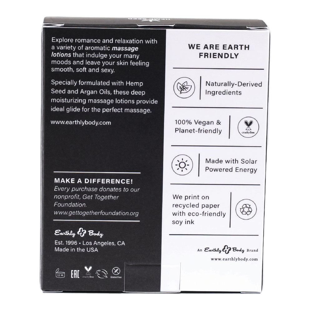 Hemp Seed Edible Massage A Trois - Edible Massage Lotion Kit - 3 Bottle Set packaging highlighting eco-friendly benefits.