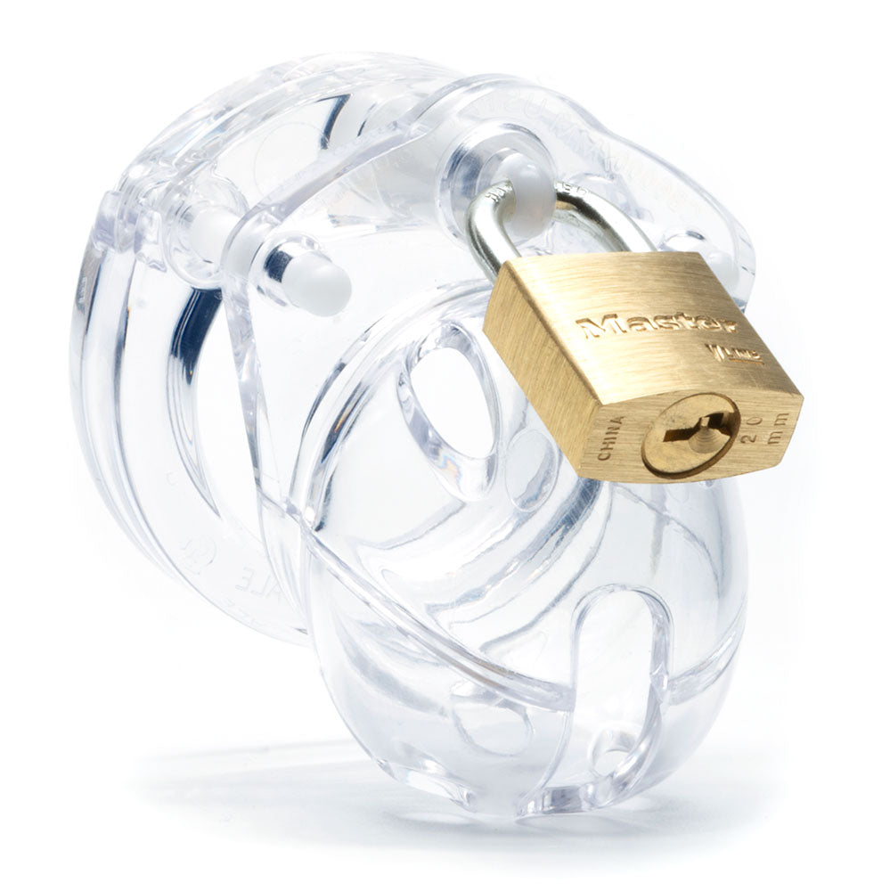Mini-Me Black Chastity Cock Cage Kit -  -  1.25 Inch Cock Cage Kit featuring a transparent design and padlock.