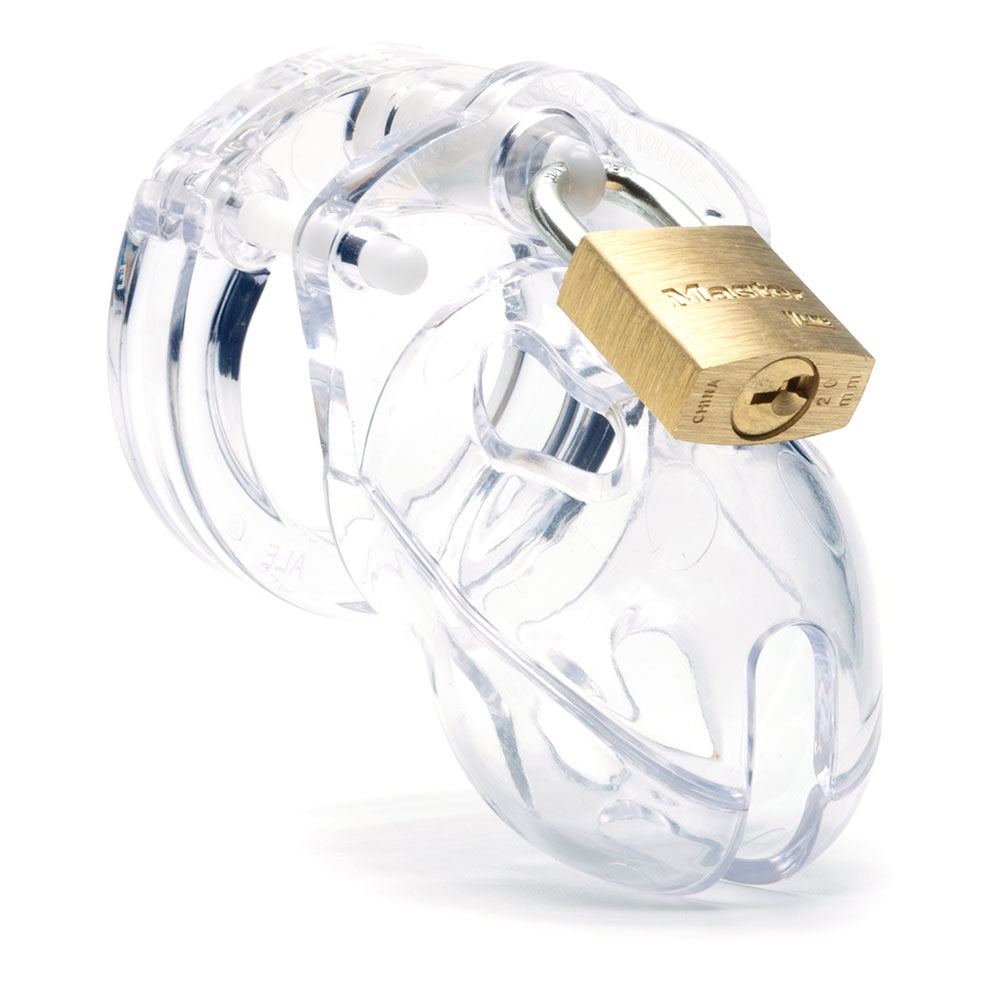 Mr. Stubb Chastity Cock Cage Kit -  -  1.75 Inch Cock Cage Kit featuring a transparent design and padlock.