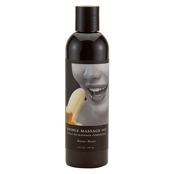 Edible Massage Oil - Banana Flavoured - 237 ml Bottle with a sleek black design and banana graphic.