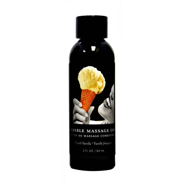 Edible Massage Oil - French Vanilla Flavoured - 59 ml Bottle with visual of ice cream cone and sensual imagery.
