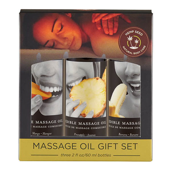 Edible Tropical Massage Oil Trio - Mango, Pineapple & Banana Flavoured - 3 x 59 ml Bottles gift set showcasing vibrant flavors.