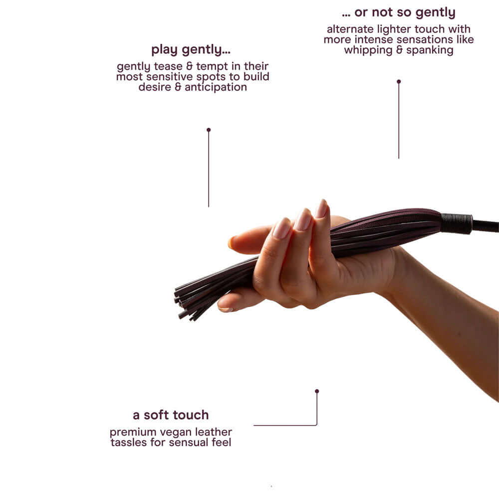 Hand holding leather tassel whip from abbie x Normal The Kink Kit - 4 Piece Bondage Kit for intimate essentials.