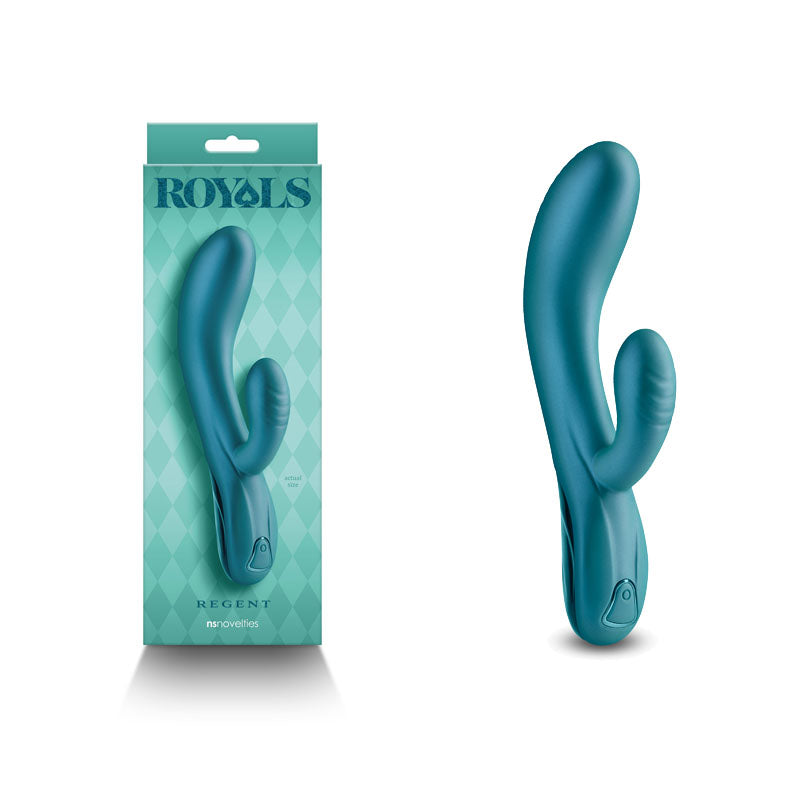 Royals - Regent - Metallic  - Metallic  19.3 cm USB Rechargeable Rabbit Vibrator in packaging with teal color.