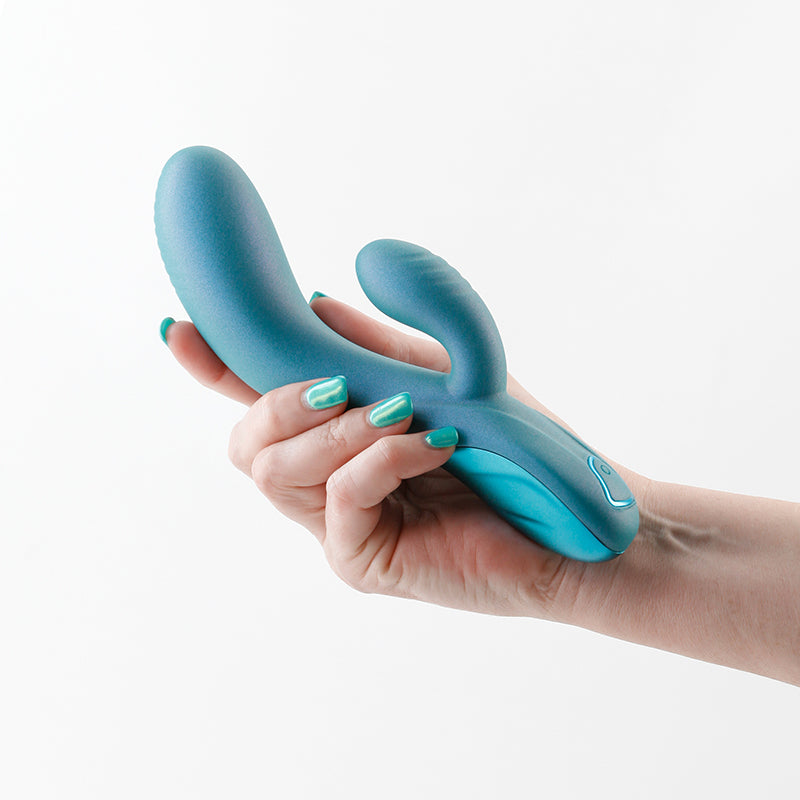 Royals - Regent - Metallic  - Metallic  19.3 cm USB Rechargeable Rabbit Vibrator held in hand, showcasing sleek design.