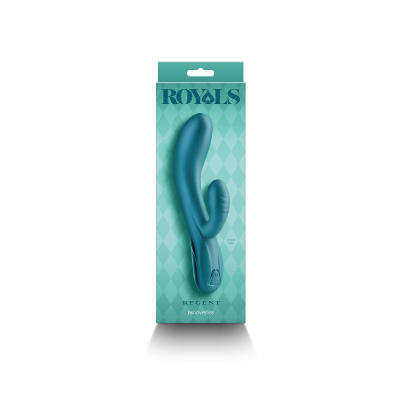 Royals - Regent - Metallic  - Metallic  19.3 cm USB Rechargeable Rabbit Vibrator in packaging with teal color