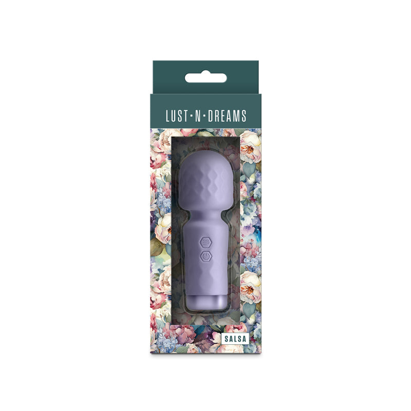 Lust-n-Dreams - Salsa - Lavender - Lavender 11.5 cm USB Rechargeable Mini Massage Wand in floral packaging.