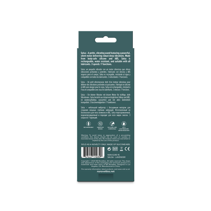 Lust-n-Dreams - Salsa - Lavender - Lavender 11.5 cm USB Rechargeable Mini Massage Wand packaging details.