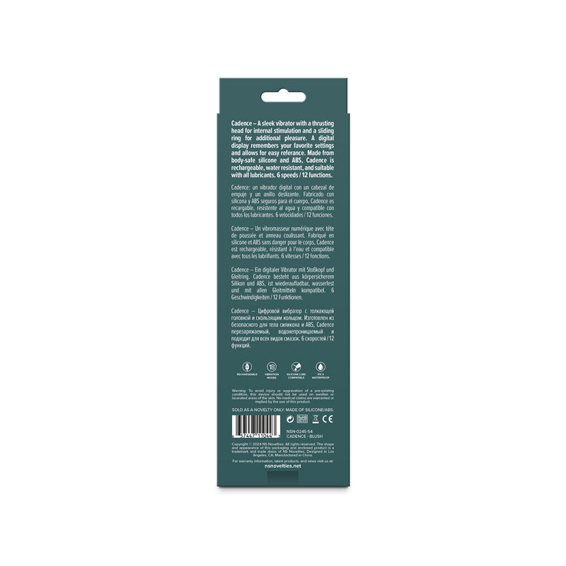 Lust-n-Dreams - Cadence - Blush - 18.2 cm USB Rechargeable Thrusting & Sliding Vibrator product packaging back view.