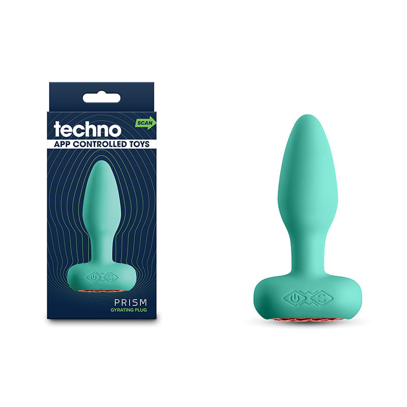 Techno - Prism - Teal 10.9 cm USB Rechargeable Butt Plug with App Control in package and product image.