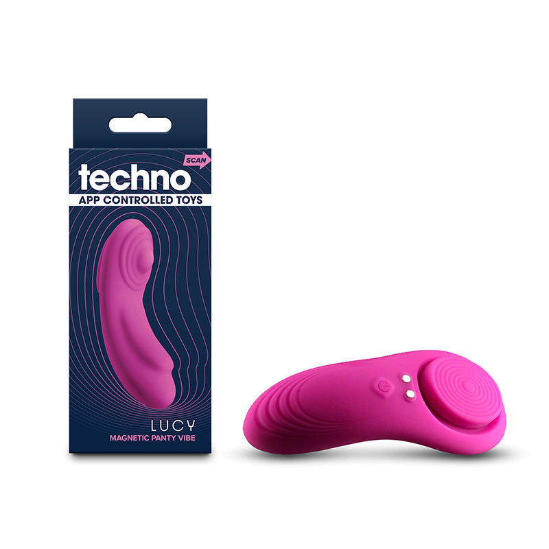 Techno - Lucy - Magenta - Magenta USB Rechargeable Panty Vibrator with App Control next to packaging designed for discreet use.
