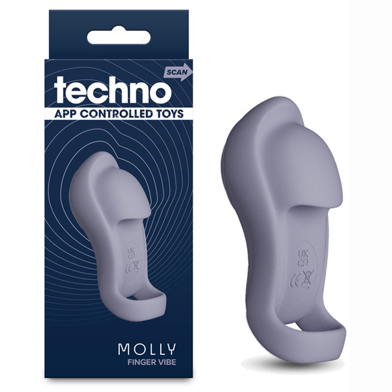 Techno - Molly - Grey USB Rechargeable Finger Stimulator with App Control in packaging, designed for intimate essentials for her.