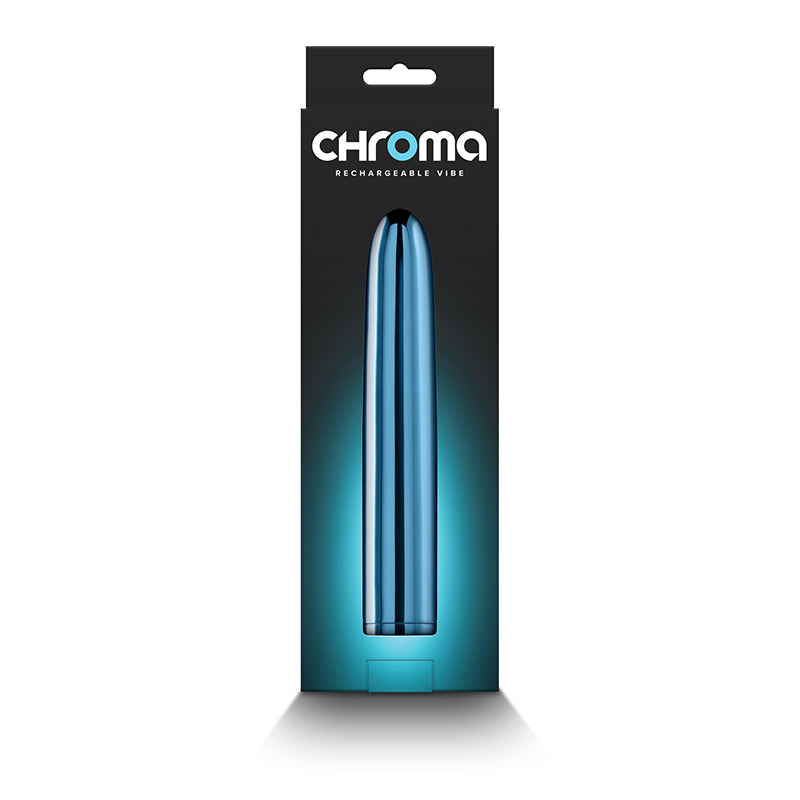 Chroma - Teal - Metallic Teal 17 cm USB Rechargeable Vibrator in packaging showcasing sleek design