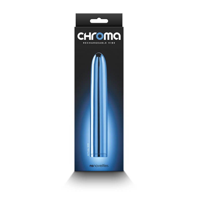 Chroma -  - Metallic  17 cm USB Rechargeable Vibrator packaging in blue color with sleek design.