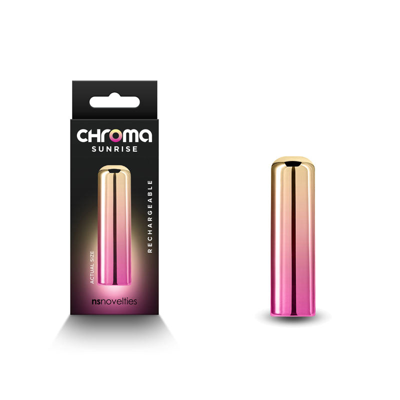 Chroma Sunrise - Small - Metallic Pink/Gold 6.8 cm USB Rechargeable Bullet with packaging.