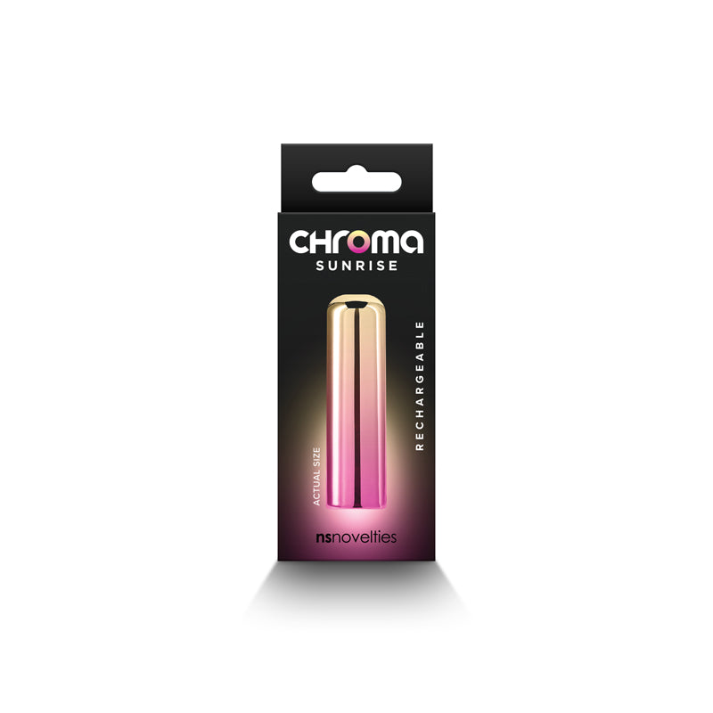 Chroma Sunrise - Small - Metallic Pink/Gold 6.8 cm USB Rechargeable Bullet packaging featuring elegant design.
