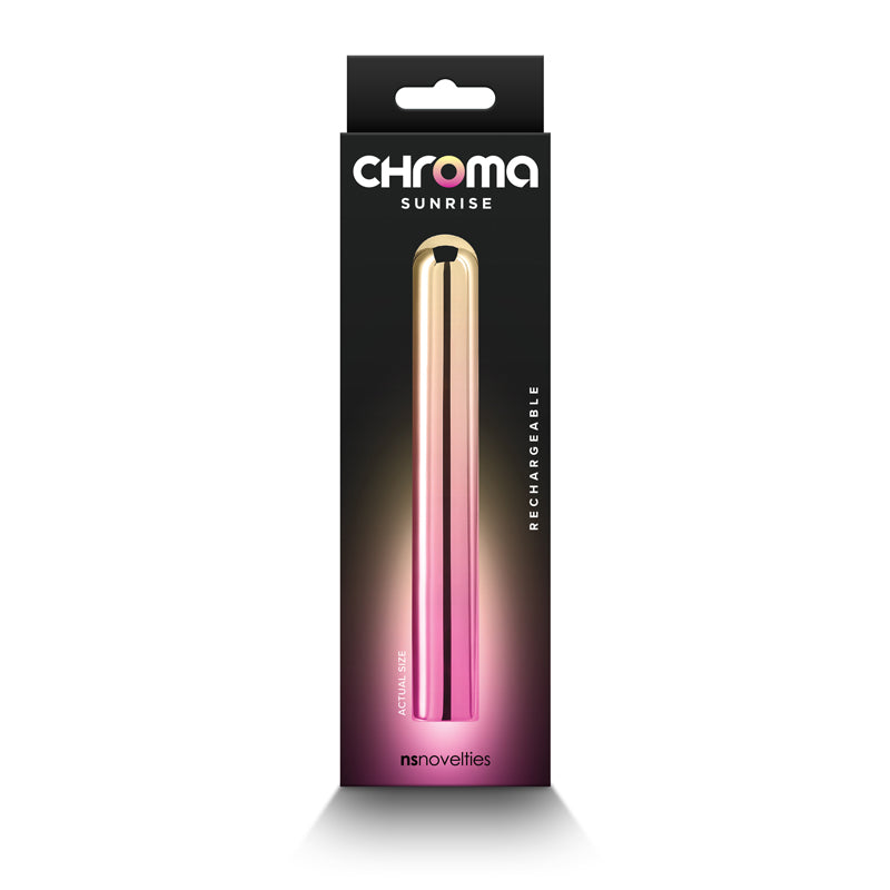 Chroma Sunrise - Large - Metallic Pink/Gold 13.8 cm USB Rechargeable Vibrator packaging display.