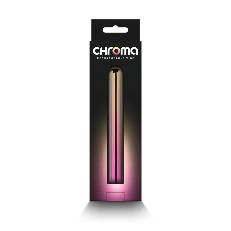 Chroma Sunrise - Large - Metallic Pink/Gold 13.8 cm USB Rechargeable Vibrator packaging display.