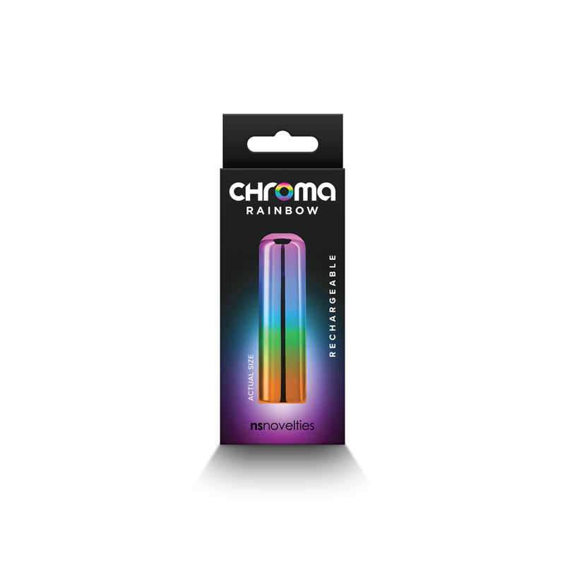 Chroma Rainbow - Small - Metallic Rainbow 6.8 cm USB Rechargeable Bullet packaging showcasing its vibrant design.