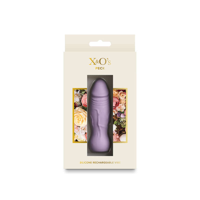 X & O's Peck lavender rechargeable bullet vibrator in elegant packaging with floral design.