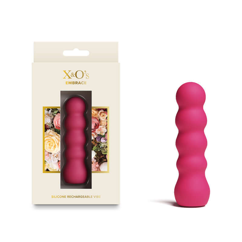 X & O's Embrace rose silicone rechargeable bullet vibrator in packaging, 9.9 cm, waterproof, compact design.