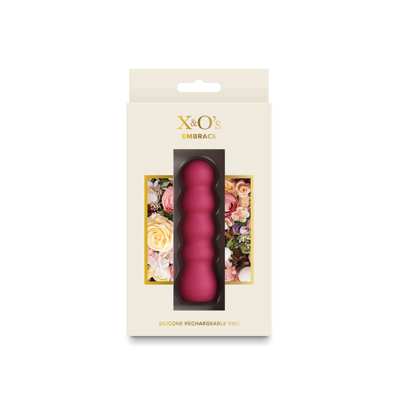 X & O's Embrace rose rechargeable bullet vibrator packaging with floral design, showcasing premium silicone material.