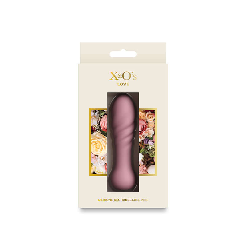 X & O's Love Dusty Rose USB rechargeable bullet vibrator packaging with floral design.