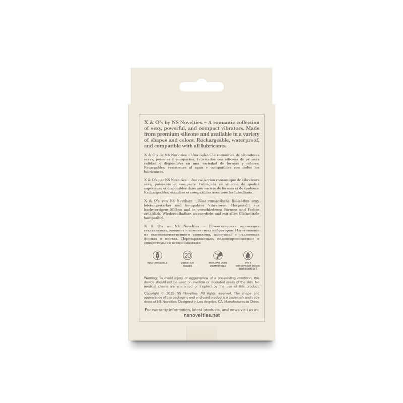 X & O's Love - Dusty Rose packaging with details about the USB rechargeable bullet vibrator.