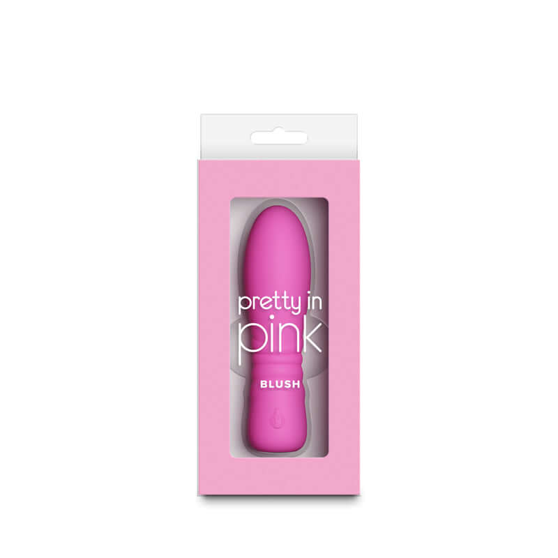 Pretty in Blush USB rechargeable vibrator packaging with a vibrant pink color and sleek design for playful pleasure.