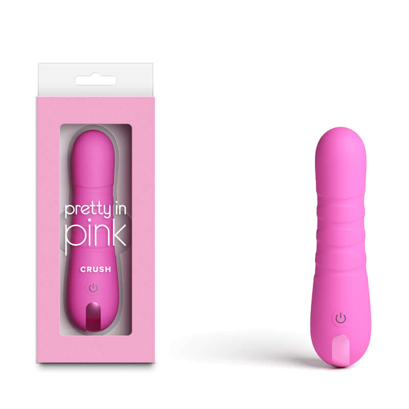Pretty in Pink Crush USB rechargeable vibrator in packaging, showcasing its sleek, pink design and features.