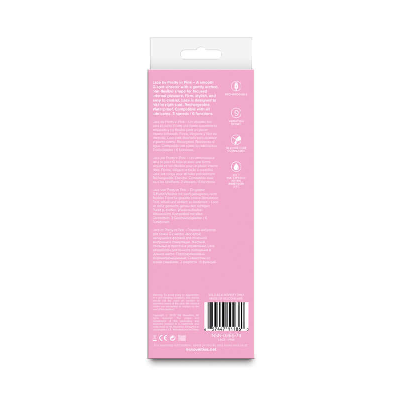 Back packaging of Pretty in Lace USB rechargeable G-spot vibrator showing product details and features.