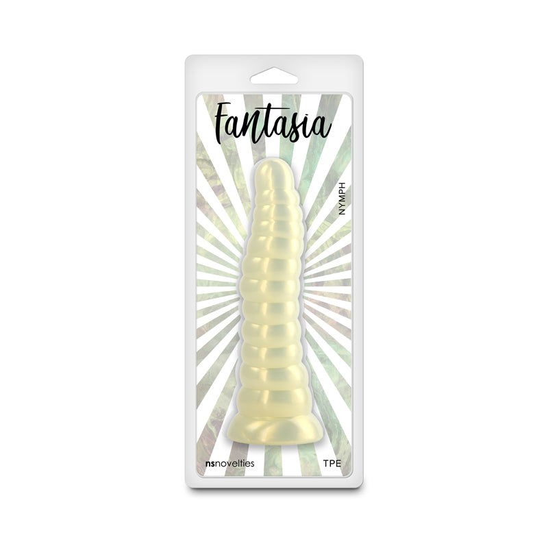 Fantasia - Nymph - Amber - Amber 18.9 cm Dildo displayed in packaging with yellow tones and unique design.