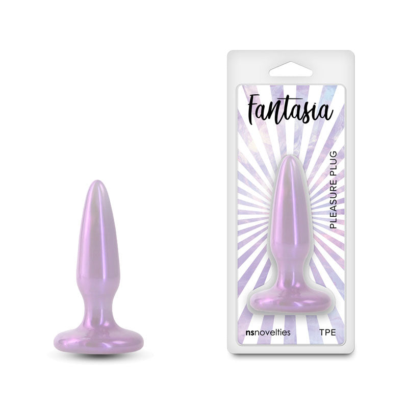 Fantasia - Pleasure Plug - Mini - Orchid -  8.4 cm Mini Butt Plug in purple, TPE material packaging and product view.
