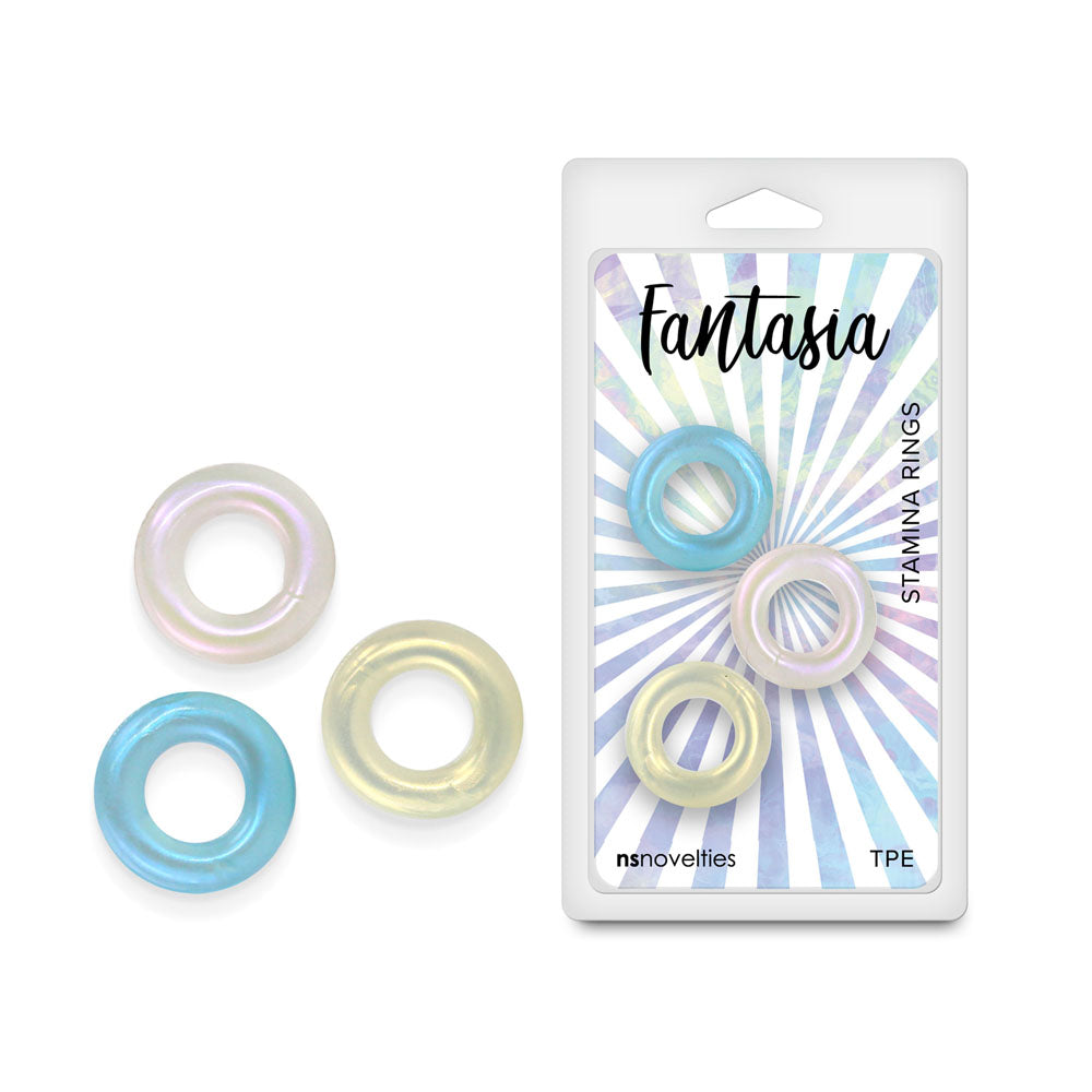 Fantasia - Stamina Rings - Multicolour - Cock Rings - Set of 3 displayed with shiny colors and packaging.