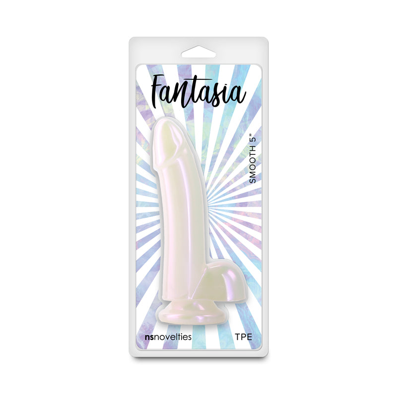 Fantasia - Smooth 5'' - Pearl - Pearlescent 14.8 cm Dildo in packaging with a colorful background
