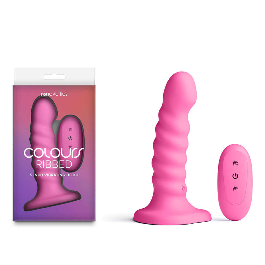 Colours Ribbed 5 inch vibrating dildo with remote in pink, featuring ribbed design and wireless remote control.