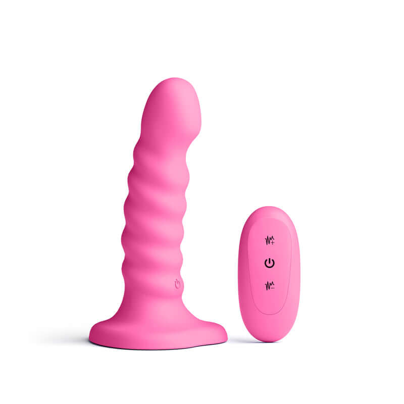 5 inch vibrating dildo with remote in vibrant pink color, featuring a ribbed design and wireless remote control.