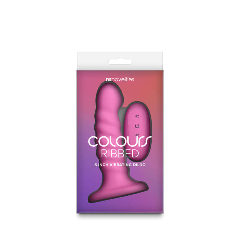 Colours Ribbed 5 inch vibrating dildo with remote in pink packaging, showcasing ribbed design and wireless remote control.
