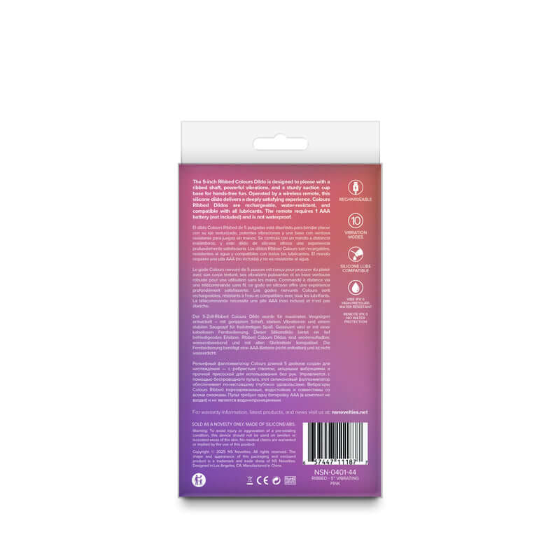 Colours Ribbed - 5'' Vibrating Dildo packaging back with details, featuring 5 inch vibrating dildo with remote.