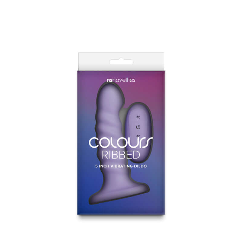 Colours Ribbed 5'' vibrating dildo packaging with wireless rechargeable vibrating dildo and remote control features.