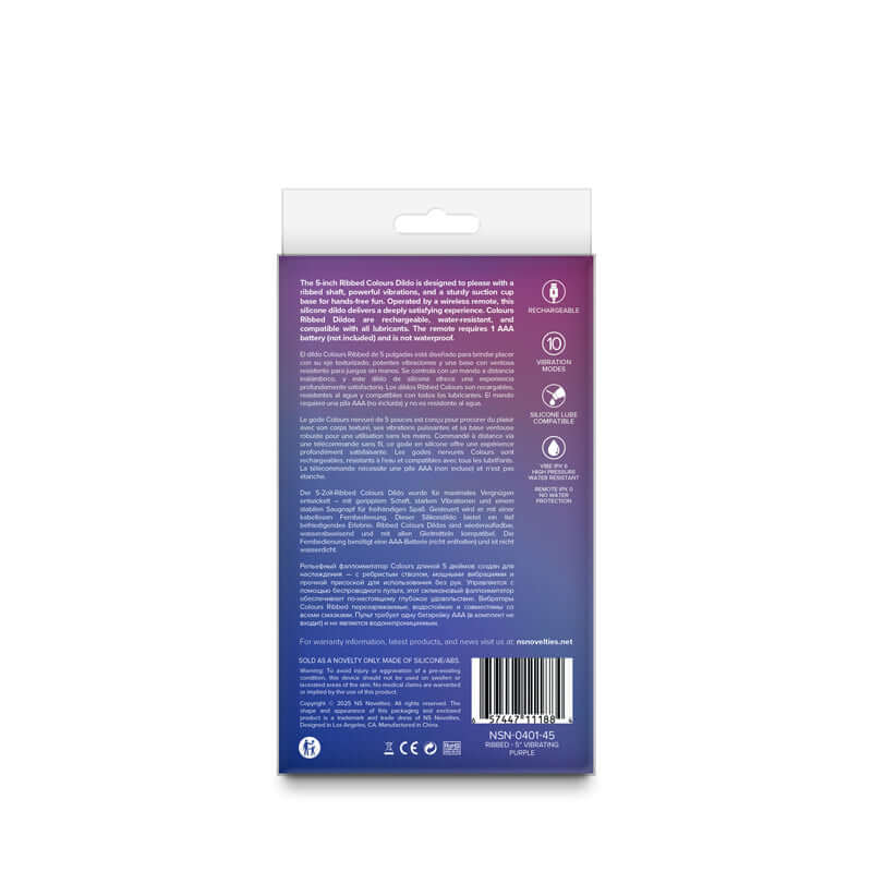 Packaging for Colours Ribbed - 5'' Vibrating Dildo, featuring details on wireless rechargeable vibrating dildo.