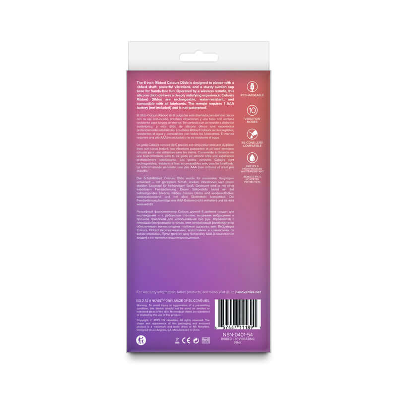 Back packaging of the Colours Ribbed - 6'' Vibrating Dildo, featuring product details and instructions for use.