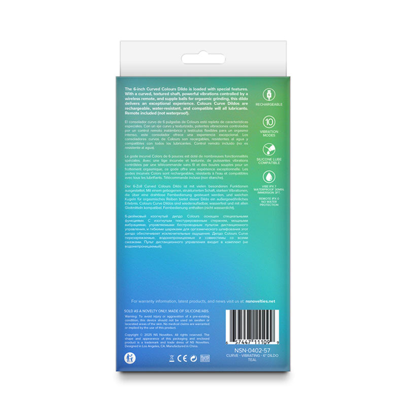 Back packaging of Colours Curve - Vibrating 6'' Dildo - Teal - Teal 16.4 cm USB Rechargeable Vibrating Dildo with Wireless Remote.